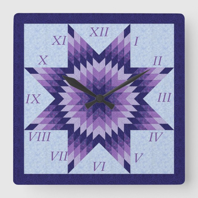 Purple and Blue Lone Star Quilt Design Square Wall Clock (Front)