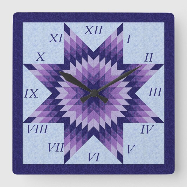 Purple and Blue Lone Star Quilt Design Square Wall Square Wall Clock (Front)