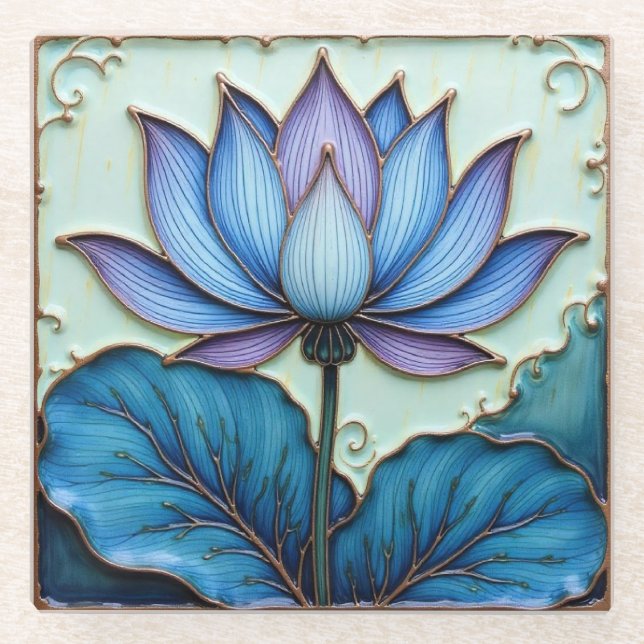 Purple and Blue Lotus Glass Coaster (Front)