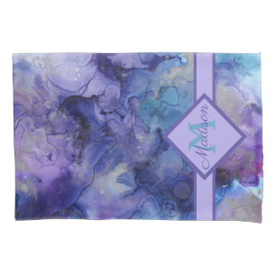 Purple and Blue Marbled Watercolor Monogrammed Pillow Case