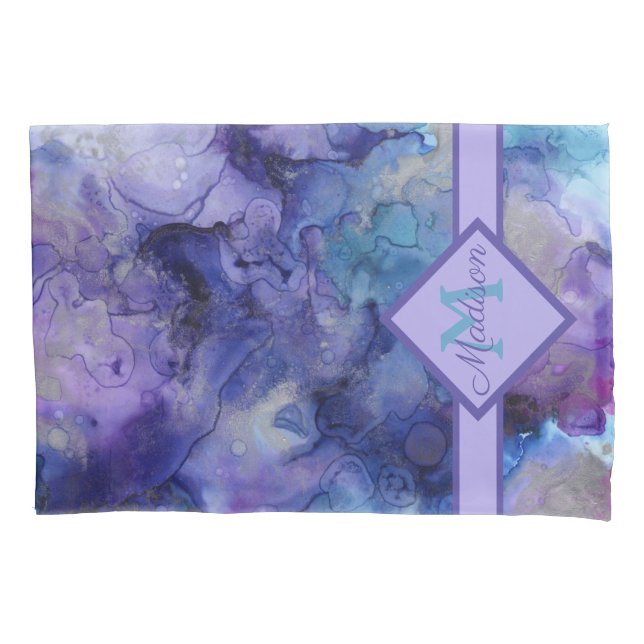 Purple and Blue Marbled Watercolor Monogrammed   Pillow Case (Front)