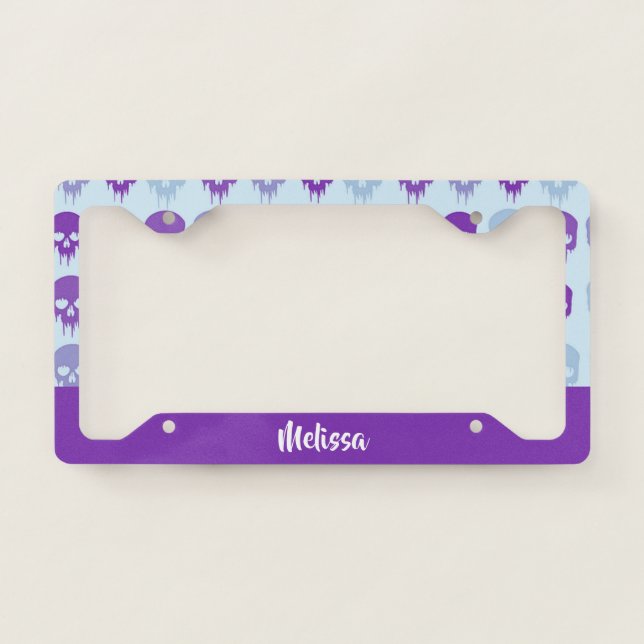Purple and blue melting skulls pattern license plate frame (Front)