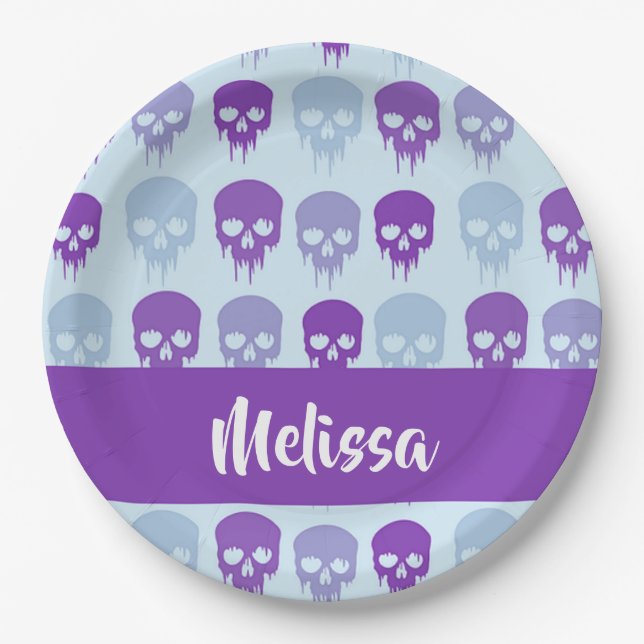 Purple and blue melting skulls pattern paper plates (Front)