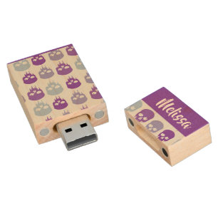 Purple and blue melting skulls pattern wood flash drive