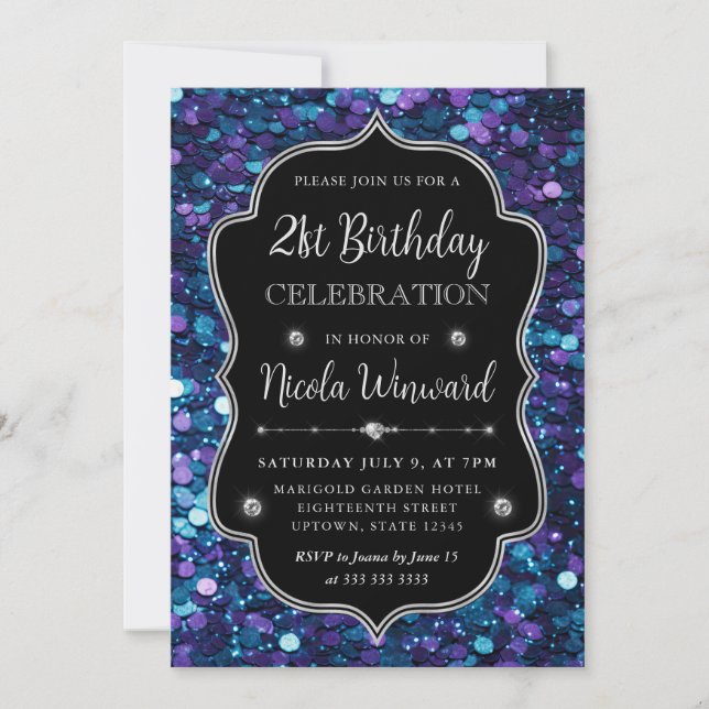 Purple and Blue Mermaid Sequins Frame Birthday Invitation (Front)