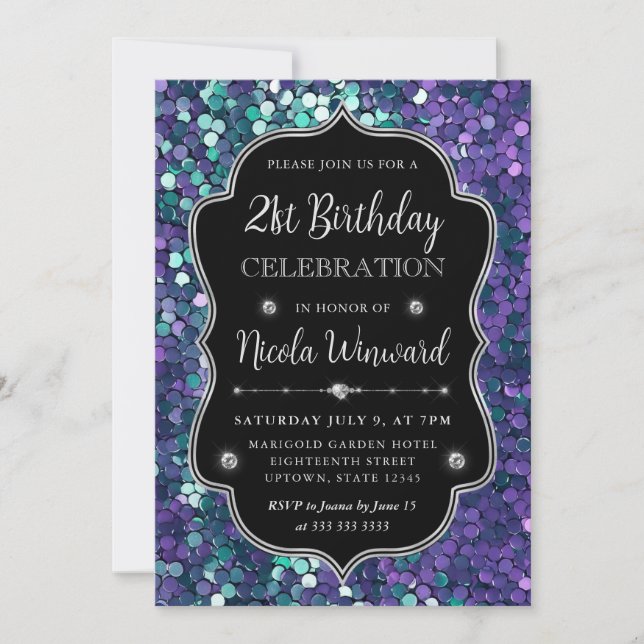 Purple and Blue Mermaid Sequins Frame Birthday Invitation (Front)