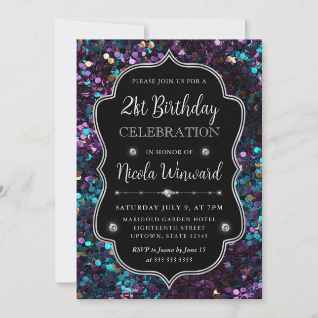 Purple and Blue Mermaid Sequins Frame Birthday Invitation (Front)