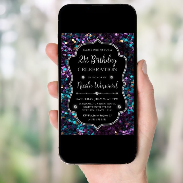 Purple and Blue Mermaid Sequins Frame Birthday Invitation (Front Digital)
