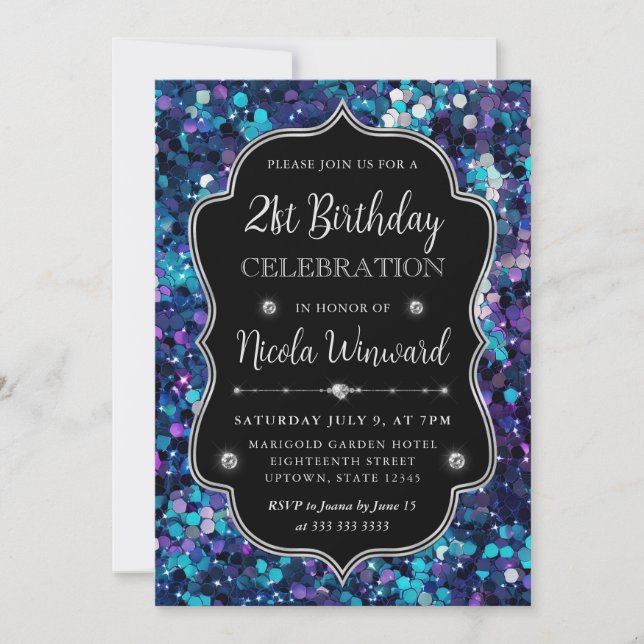 Purple and Blue Mermaid Sequins Frame Birthday Invitation (Front)