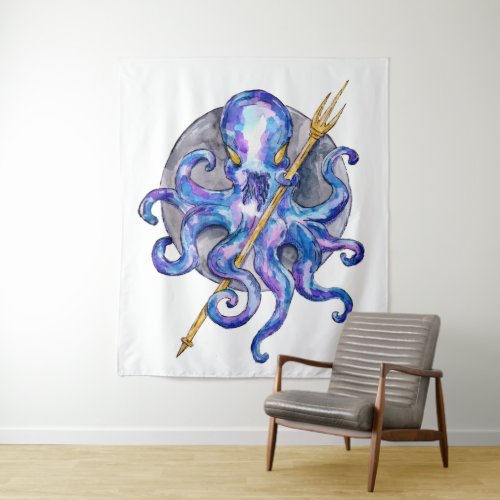 Purple and Blue Octopus with Trident Tapestry