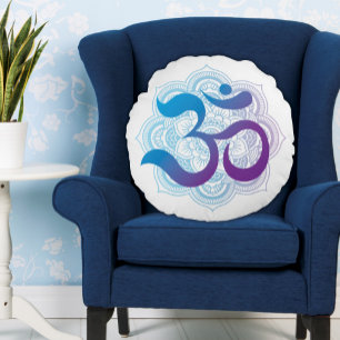 Purple and Blue Om Symbol Mandala Flower White Round Pillow