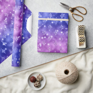 Purple and Blue Ombre Glitter Celestial Pattern Wrapping Paper