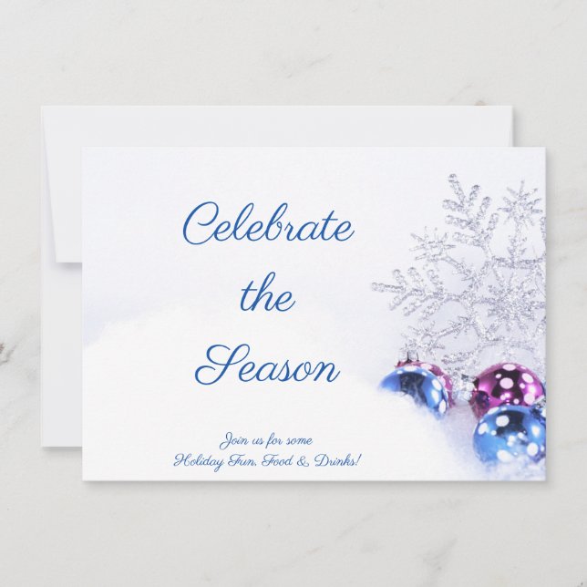 Purple and Blue Ornament and Snowflake Invitation (Front)