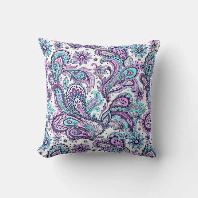 Purple and Blue Paisley Throw Pillow (Front)