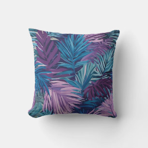 Purple And Blue Palm Leaf Tropical Print Throw Pillow