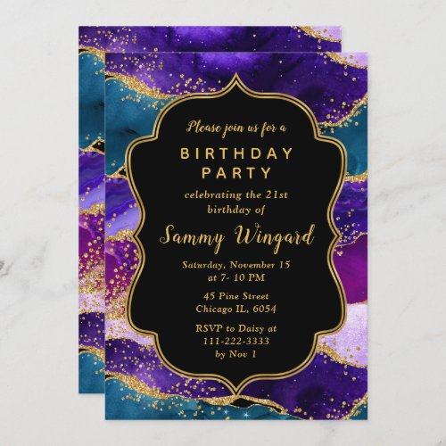 Purple and Blue Peacock Agate Birthday Invitation