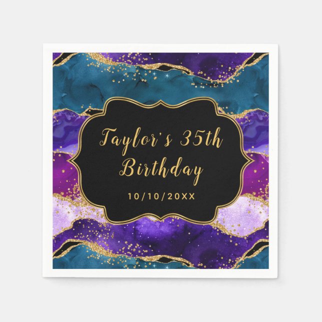 Purple and Blue Peacock Agate Birthday Napkins (Front)