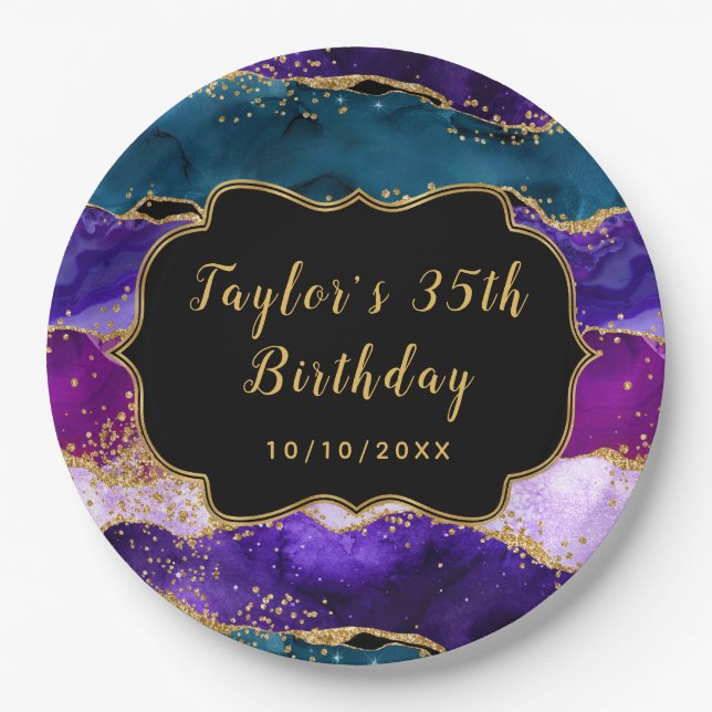 Purple and Blue Peacock Agate Birthday Paper Plates (Front)