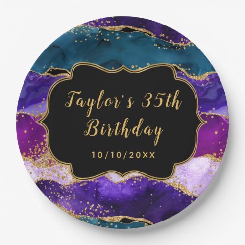 Purple and Blue Peacock Agate Birthday Paper Plates