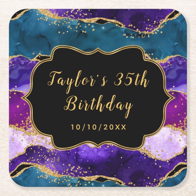 Purple and Blue Peacock Agate Birthday Square Paper Coaster (Front)