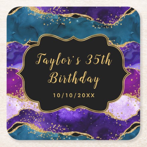 Purple and Blue Peacock Agate Birthday Square Paper Coaster