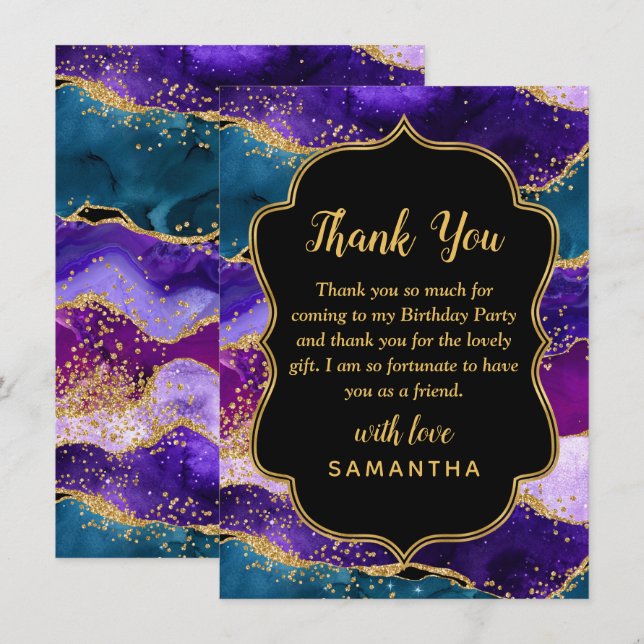 Purple and Blue Peacock Agate Birthday Thank You Card (Front/Back)
