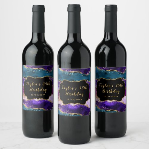 Purple and Blue Peacock Agate Birthday Wine Label