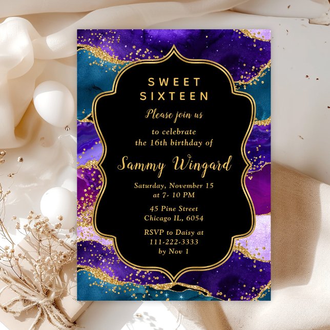 Purple and Blue Peacock Agate Sweet Sixteen Invitation (Creator Uploaded)