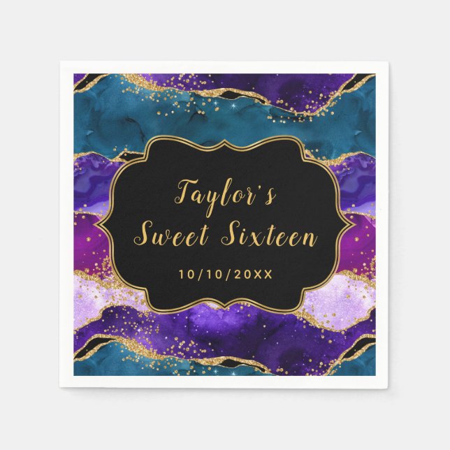 Purple and Blue Peacock Agate Sweet Sixteen Napkins (Front)