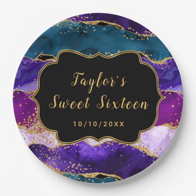 Purple and Blue Peacock Agate Sweet Sixteen Paper Plates (Front)