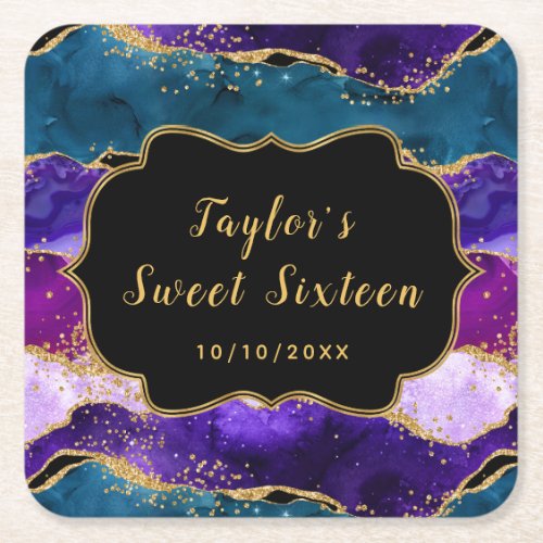 Purple and Blue Peacock Agate Sweet Sixteen Square Paper Coaster