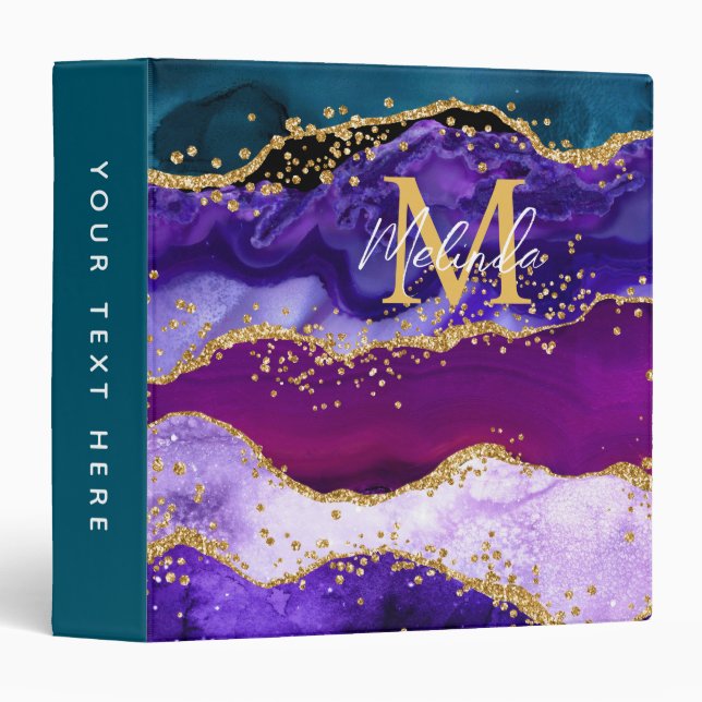 Purple and Blue Peacock Faux Glitter Agate 3 Ring Binder (Front/Spine)
