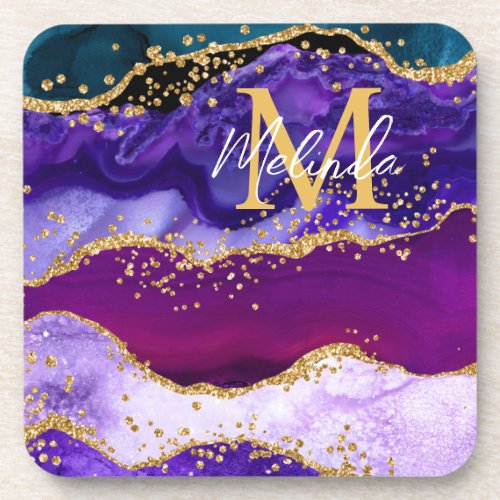 Purple and Blue Peacock Faux Glitter Agate Beverage Coaster