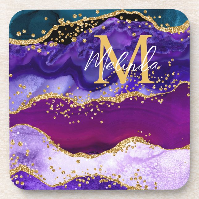 Purple and Blue Peacock Faux Glitter Agate Beverage Coaster (Front)