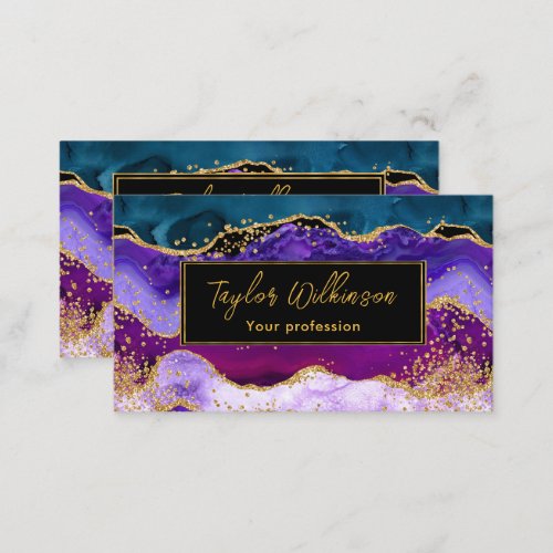 Purple and Blue Peacock Faux Glitter Agate Business Card