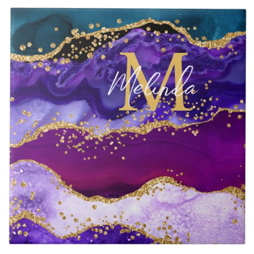 Purple and Blue Peacock Faux Glitter Agate Ceramic Tile