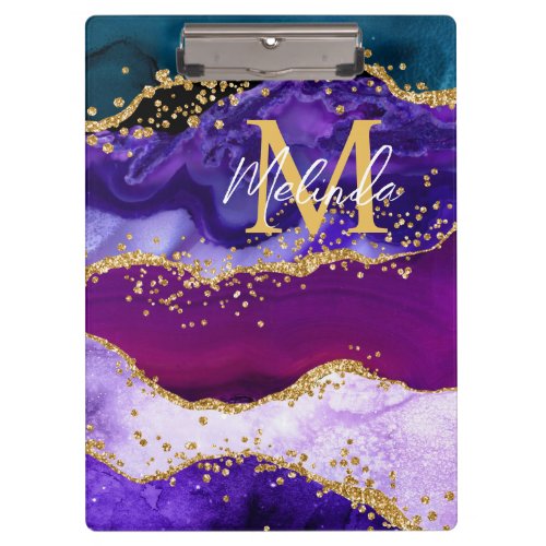 Purple and Blue Peacock Faux Glitter Agate Clipboard