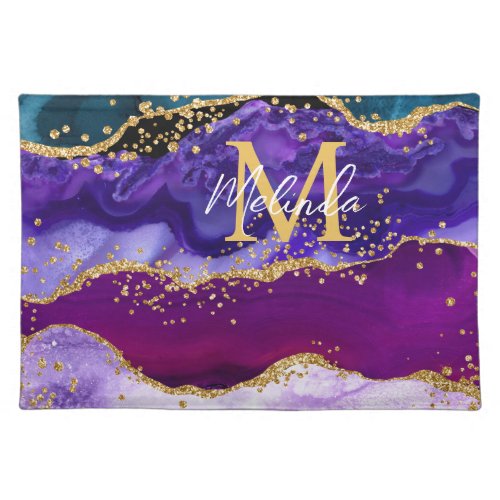 Purple and Blue Peacock Faux Glitter Agate Cloth Placemat