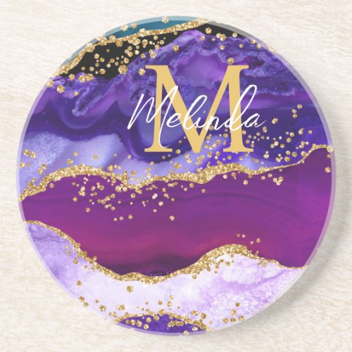 Purple and Blue Peacock Faux Glitter Agate Coaster