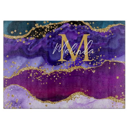 Purple and Blue Peacock Faux Glitter Agate Cutting Board