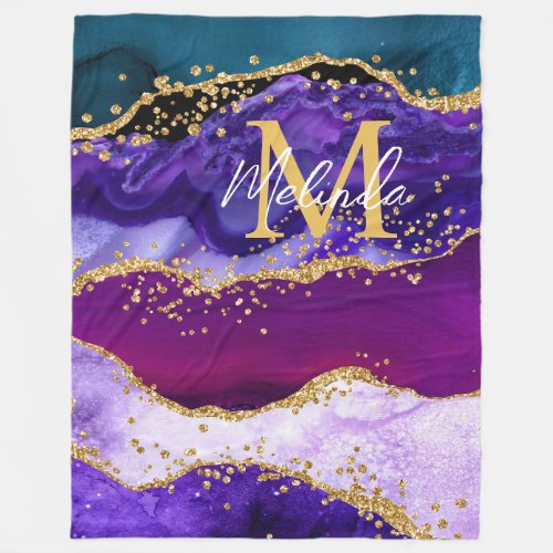 Purple and Blue Peacock Faux Glitter Agate Fleece Blanket