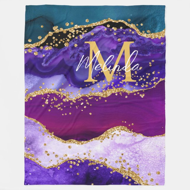 Purple and Blue Peacock Faux Glitter Agate Fleece Blanket (Front)