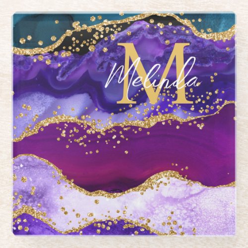 Purple and Blue Peacock Faux Glitter Agate Glass Coaster