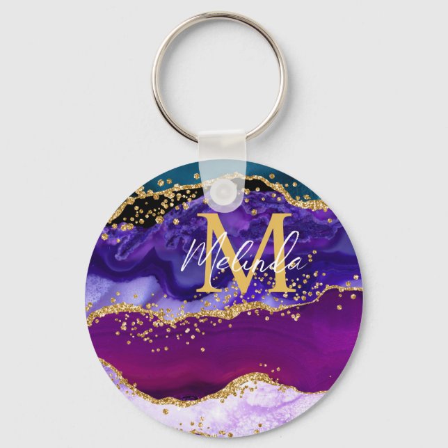 Purple and Blue Peacock Faux Glitter Agate Keychain (Front)