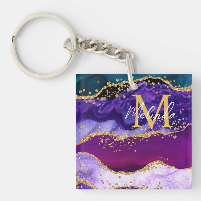 Purple and Blue Peacock Faux Glitter Agate Keychain (Front)