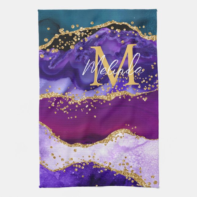Purple and Blue Peacock Faux Glitter Agate Kitchen Towel (Vertical)
