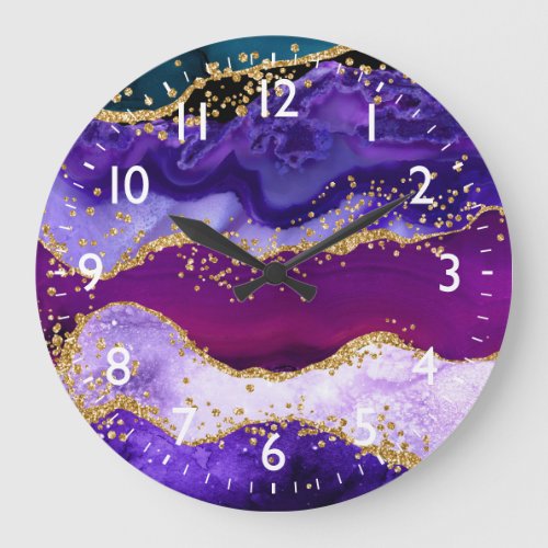 Purple and Blue Peacock Faux Glitter Agate Large Clock