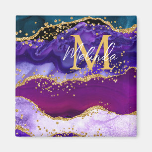 Purple and Blue Peacock Faux Glitter Agate Magnet