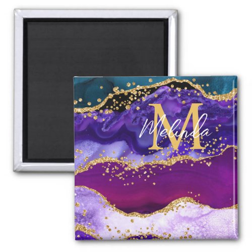Purple and Blue Peacock Faux Glitter Agate Magnet