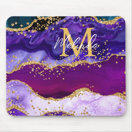 Purple and Blue Peacock Faux Glitter Agate Mouse Pad
